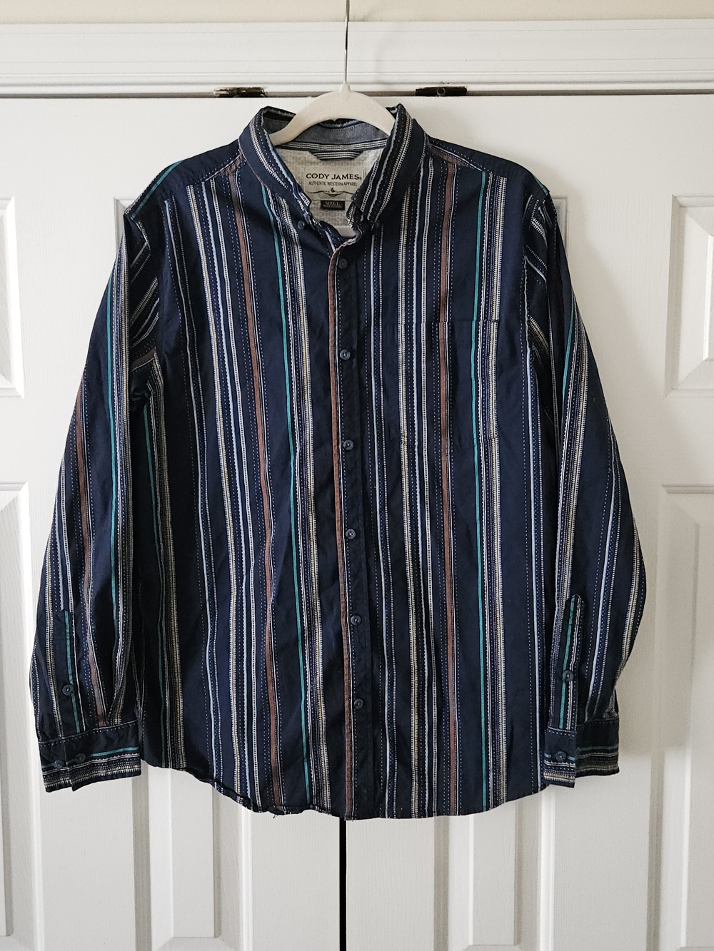 Cody James Men's L Blue Striped Cotton/Spandex Long Sleeve Button-Up Pockets
